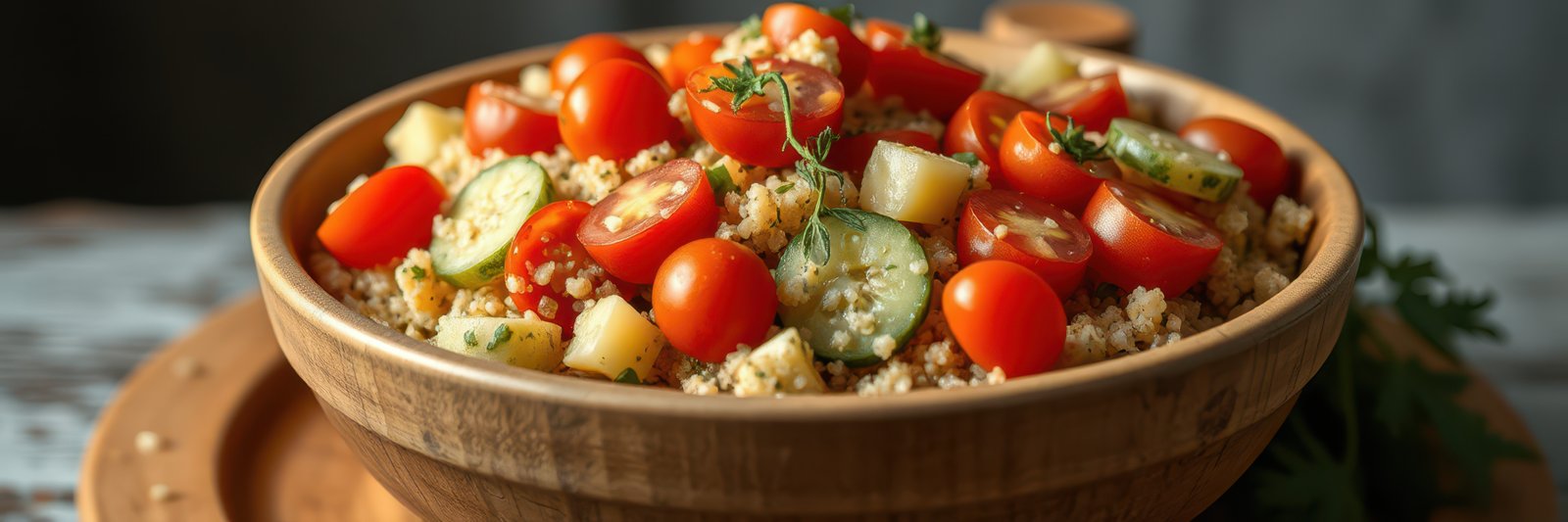 Fresh vegetable couscous salad served in a wooden bowl with ripe cherry tomatoes, cucumbers, and herbs during a sunny afternoon